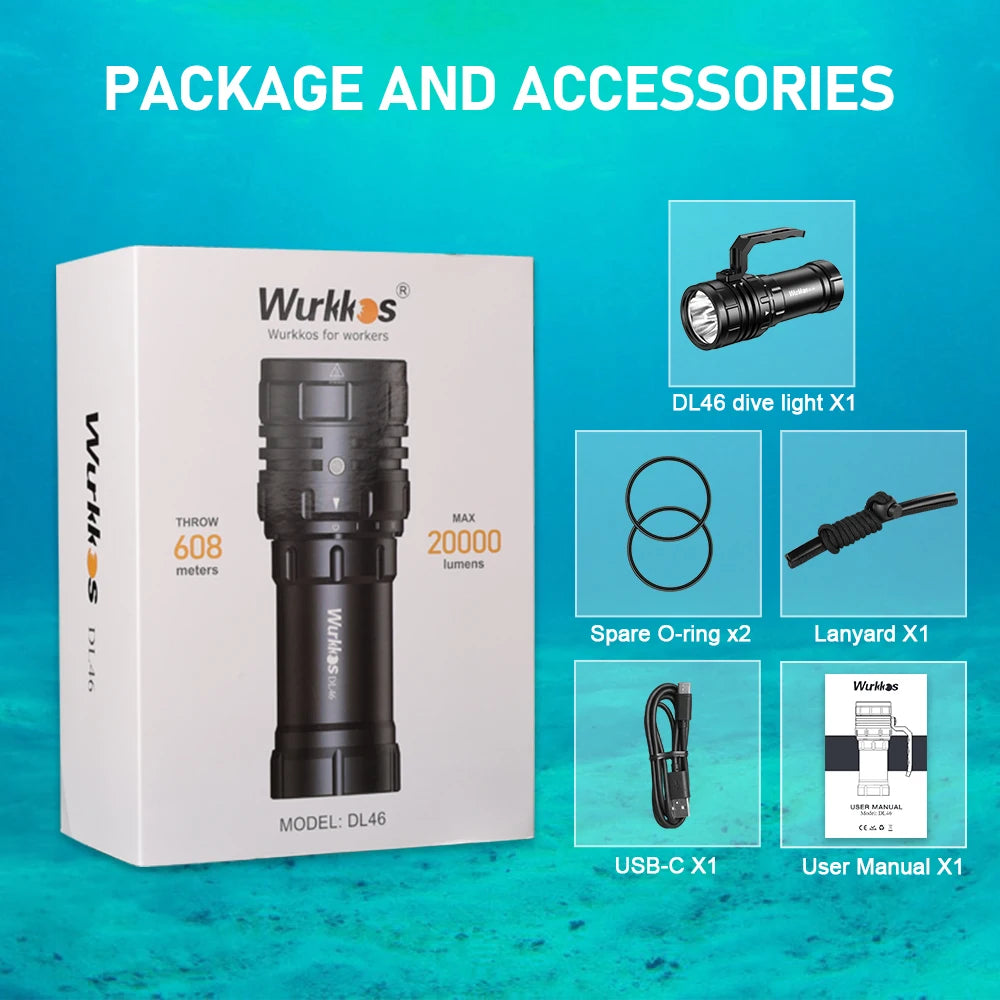 Wurkkos DL46 Professional Scuba Diving Flashlight IPX8 46950 Battery Super Bright 20000LM USB Reverse Charge 6 * XHP50.2