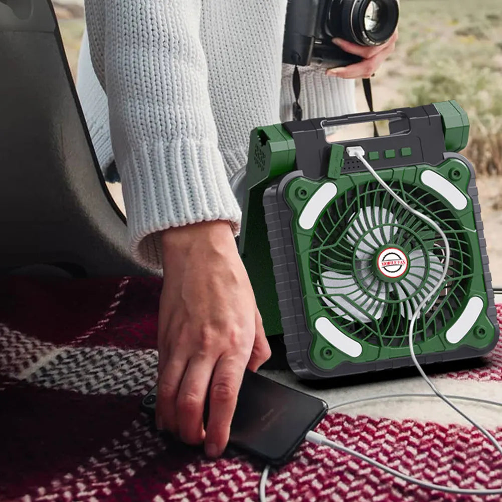 Solar-Powered Camping Fan with LED Light USB Rechargeable Electric Fan 4 Wind Speeds Solar Outdoor Tent Fan for Emergency