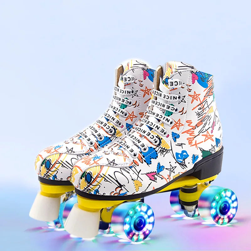 Graffiti Adult Men's Kids Women's Double Row the Skating Shoes Four-Wheel Flash Roller Skates Roller Skates Skating Rink Double