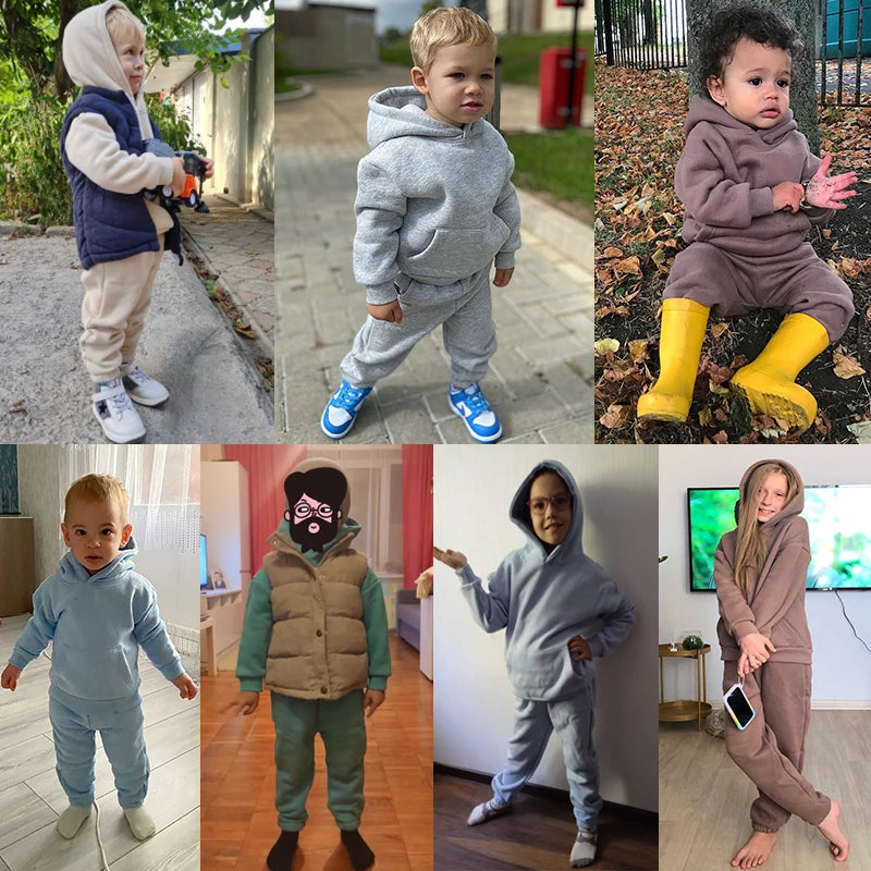 2-12 years old children's clothing winter new boys and girls' fleece sweater suit hooded Plush sportswear children's suit