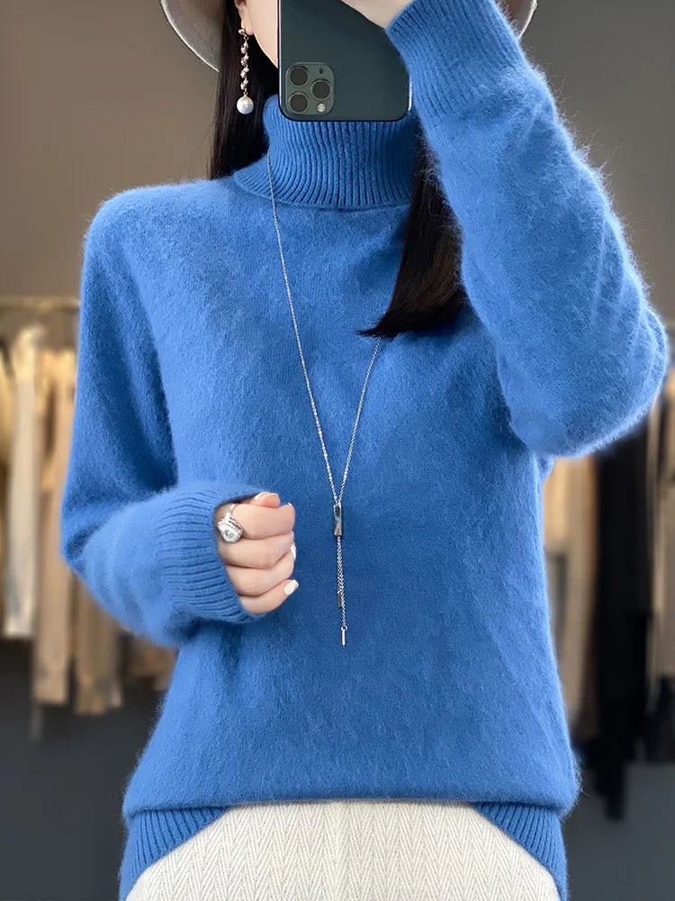 Basic Autumn Winter 100% Mink Cashmere Women Sweater Basic Bottoming Female Pullover Long Sleeve  Turn Down CollarKnitwear Tops
