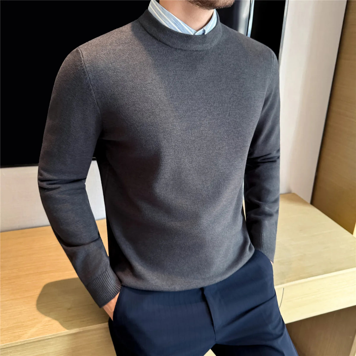 Men Knitted Sweater Winter Keep Warm Round-neck Pullover Solid Casual High Elastic Slim Fit Sweater High Quality Men Clothing