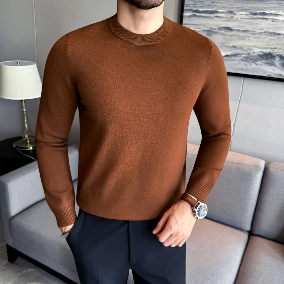 Men Knitted Sweater Winter Keep Warm Round-neck Pullover Solid Casual High Elastic Slim Fit Sweater High Quality Men Clothing
