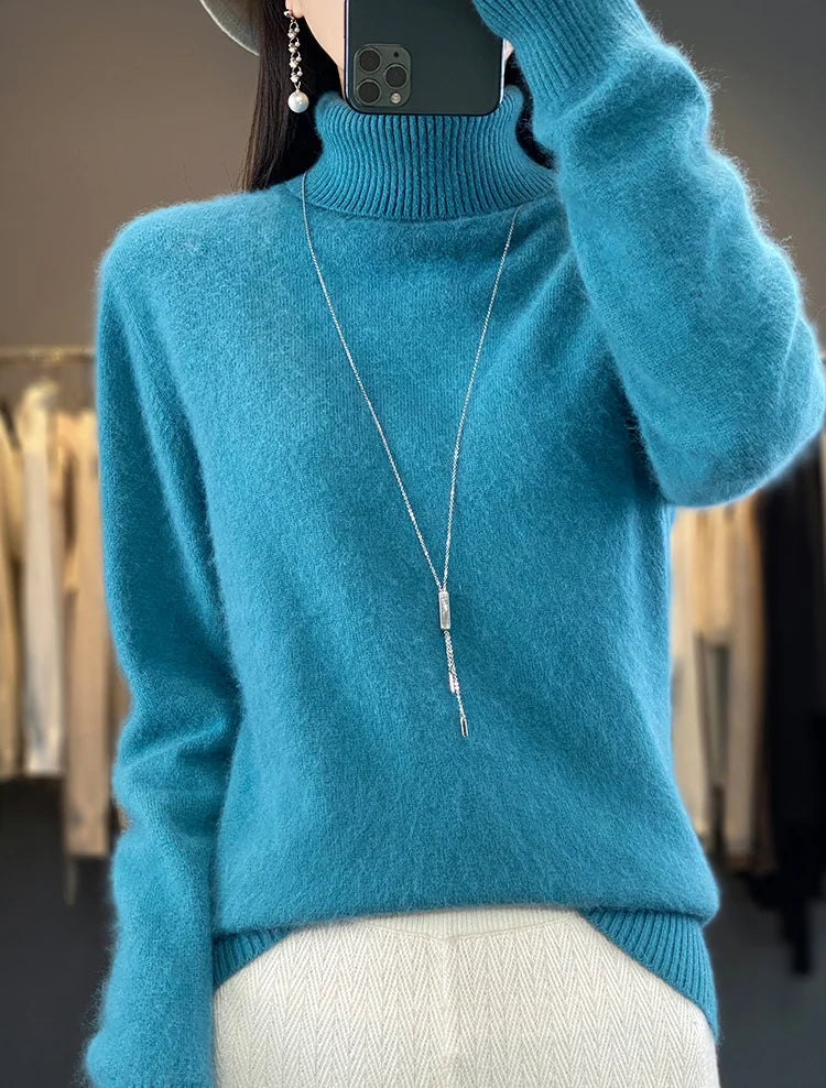 Basic Autumn Winter 100% Mink Cashmere Women Sweater Basic Bottoming Female Pullover Long Sleeve  Turn Down CollarKnitwear Tops