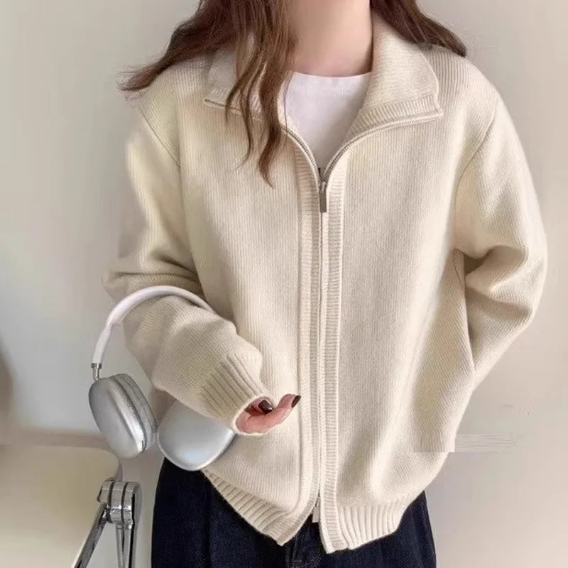 Fashion Double-zip Stand Collar Sweater Coat Women Solid Color Casual Knitted Cardigan Woman Korean Style Autumn Winter Sweater