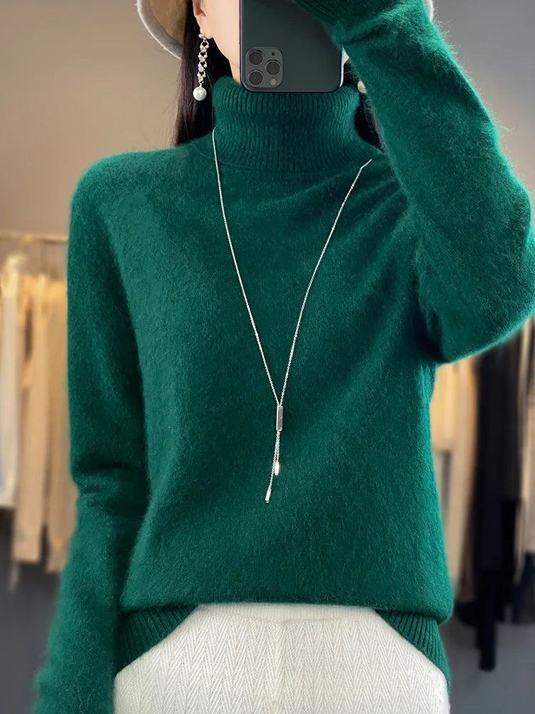 Basic Autumn Winter 100% Mink Cashmere Women Sweater Basic Bottoming Female Pullover Long Sleeve  Turn Down CollarKnitwear Tops