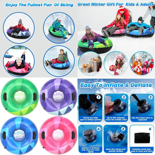 Inflatable Snow Tubes for Kids & Adults - Heavy-Duty Sleds with Handles for Winter Fun & Family Activities