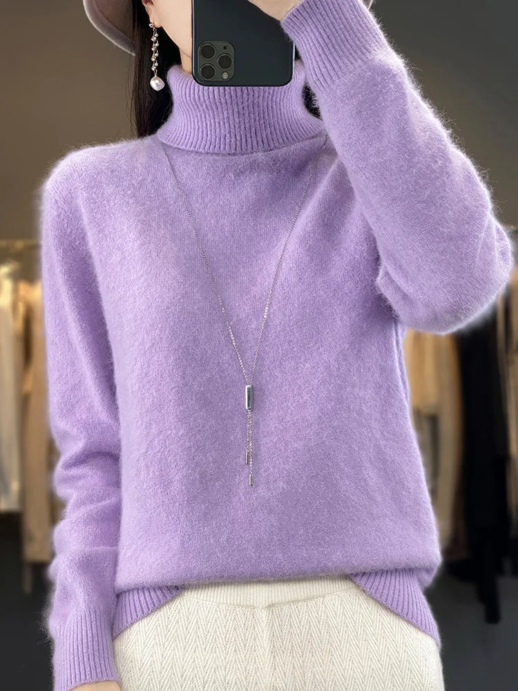 Basic Autumn Winter 100% Mink Cashmere Women Sweater Basic Bottoming Female Pullover Long Sleeve  Turn Down CollarKnitwear Tops