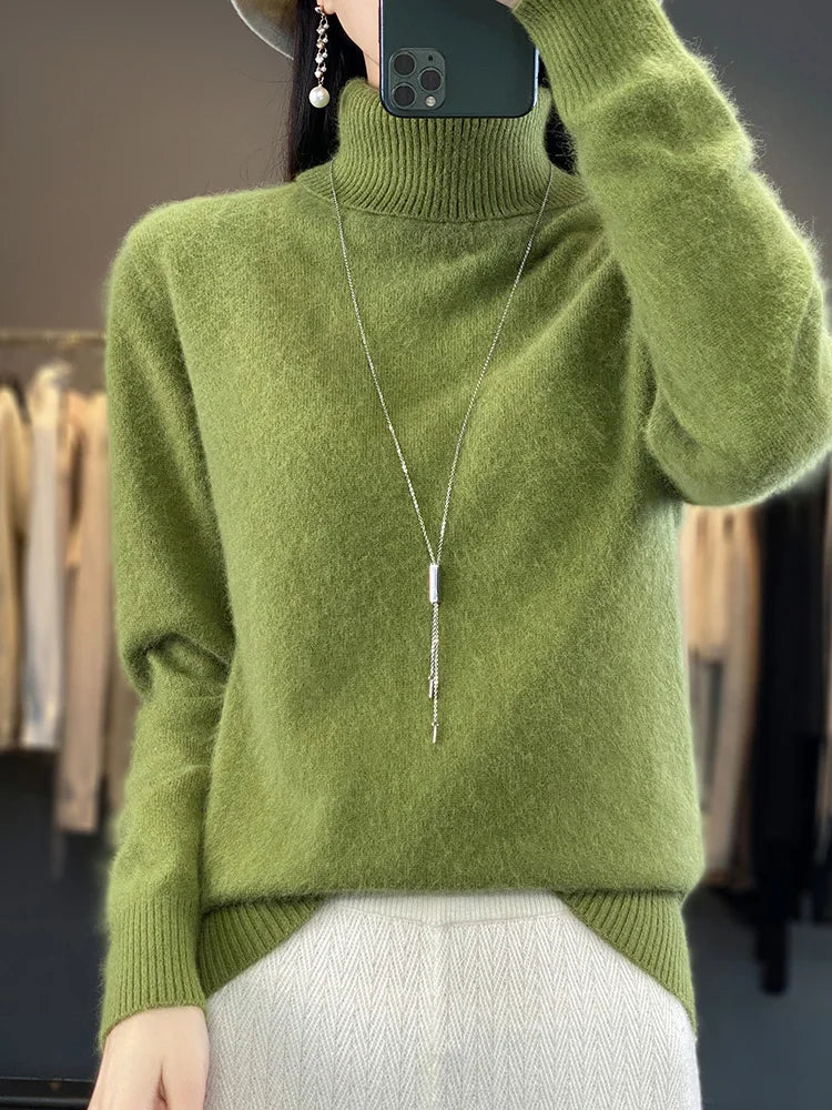 Basic Autumn Winter 100% Mink Cashmere Women Sweater Basic Bottoming Female Pullover Long Sleeve  Turn Down CollarKnitwear Tops
