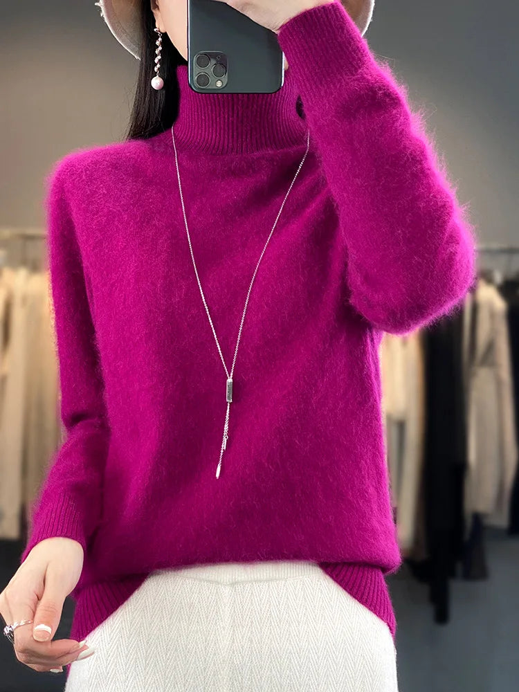 Basic Autumn Winter 100% Mink Cashmere Women Sweater Basic Bottoming Female Pullover Long Sleeve  Turn Down CollarKnitwear Tops