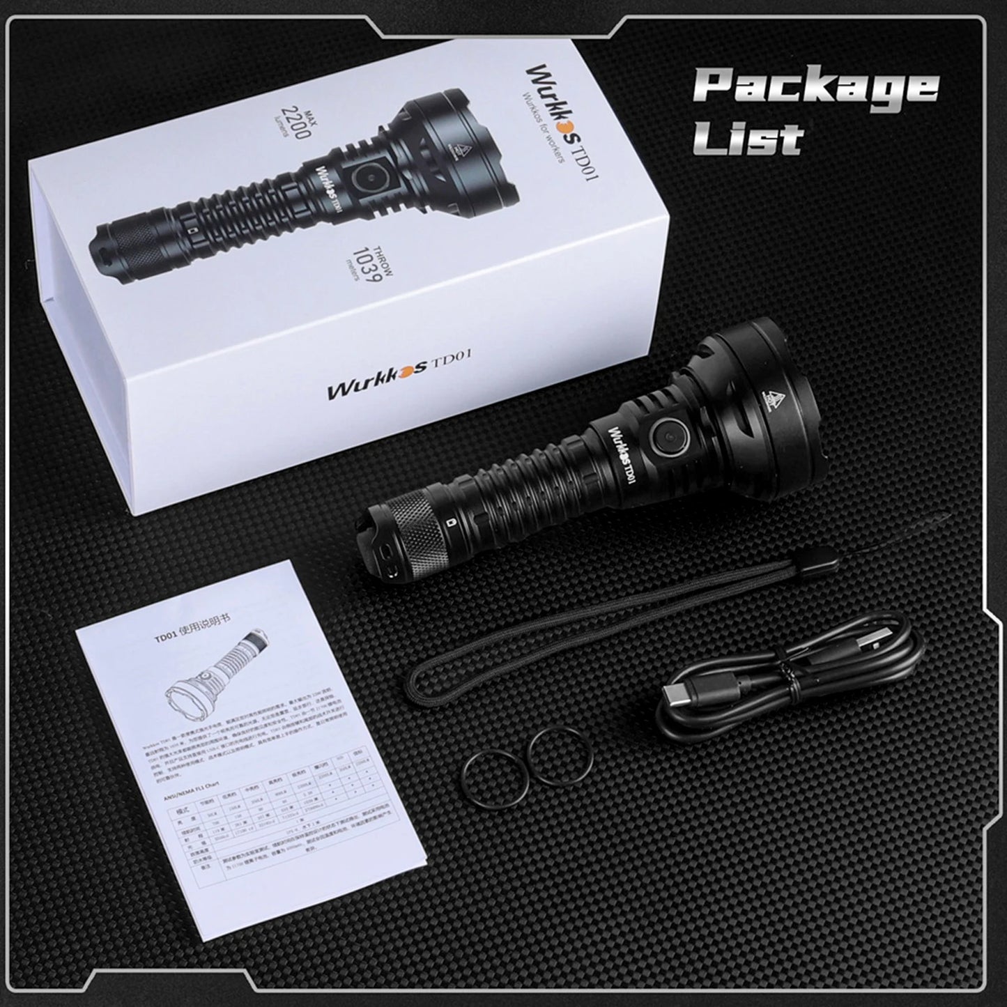 Wurkkos TD01 21700 Tactical Torch 2200LM High Power Rechargeable Flashlight IPX8 LED Torch 1039 Meters Self Defense Lighting