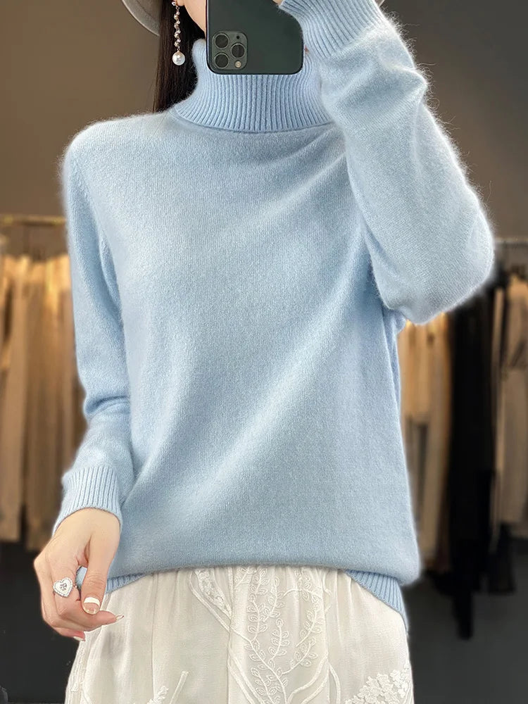 Basic Autumn Winter 100% Mink Cashmere Women Sweater Basic Bottoming Female Pullover Long Sleeve  Turn Down CollarKnitwear Tops