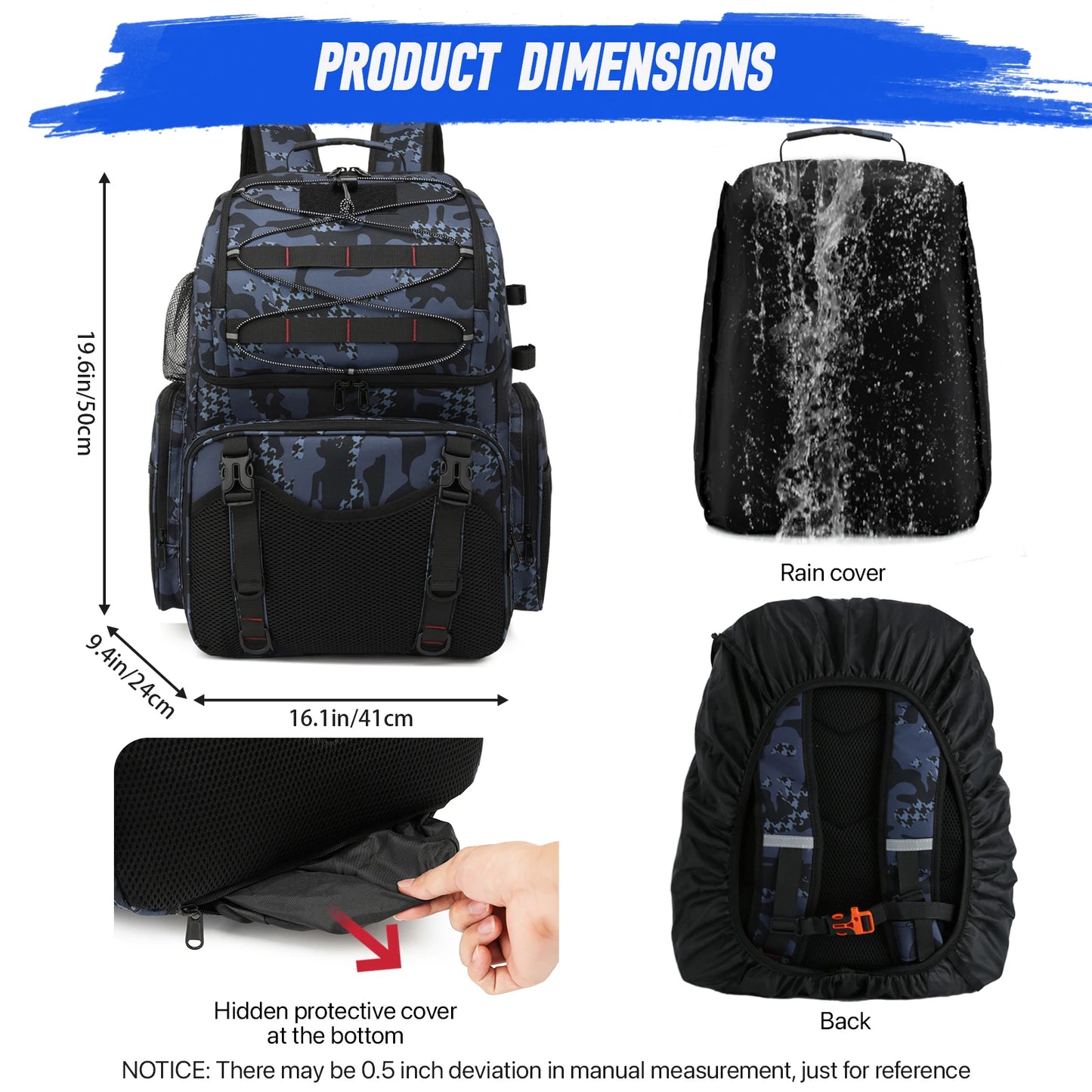 Fishing Backpack 45L Cooler Fishing Tackle Storage Bag with Rod Holders & Rain Cover Camping Hiking Outdoor Multifunctional Bag