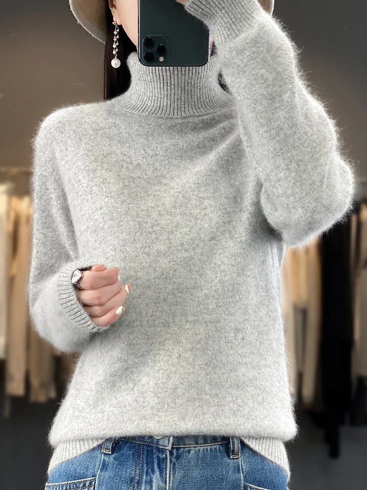 Basic Autumn Winter 100% Mink Cashmere Women Sweater Basic Bottoming Female Pullover Long Sleeve  Turn Down CollarKnitwear Tops