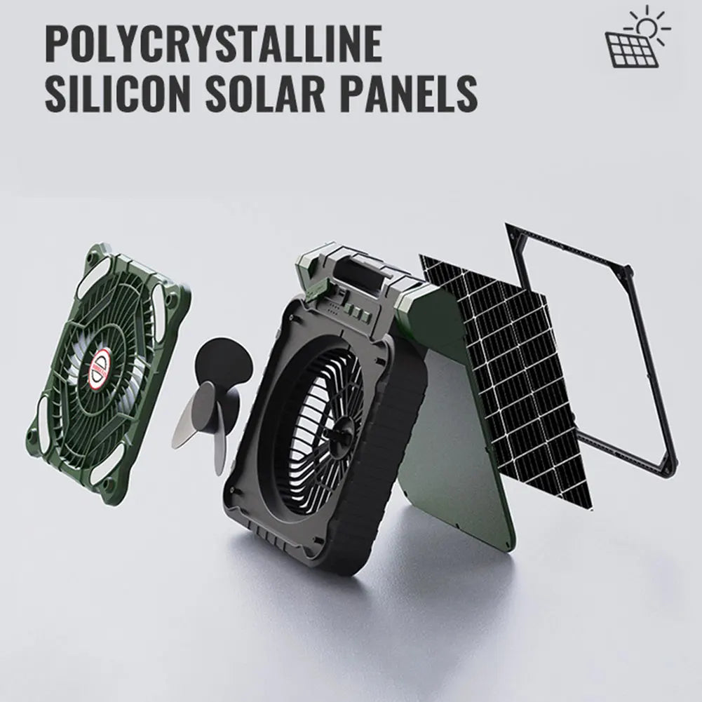 Solar-Powered Camping Fan with LED Light USB Rechargeable   Electric Fan 4 Wind Speeds Solar Outdoor Tent Fan for Emergency