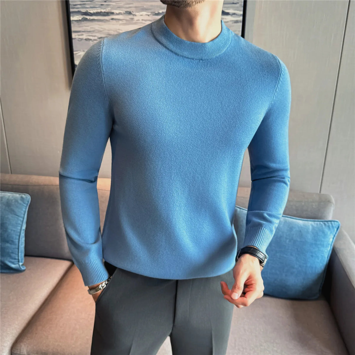 Men Knitted Sweater Winter Keep Warm Round-neck Pullover Solid Casual High Elastic Slim Fit Sweater High Quality Men Clothing
