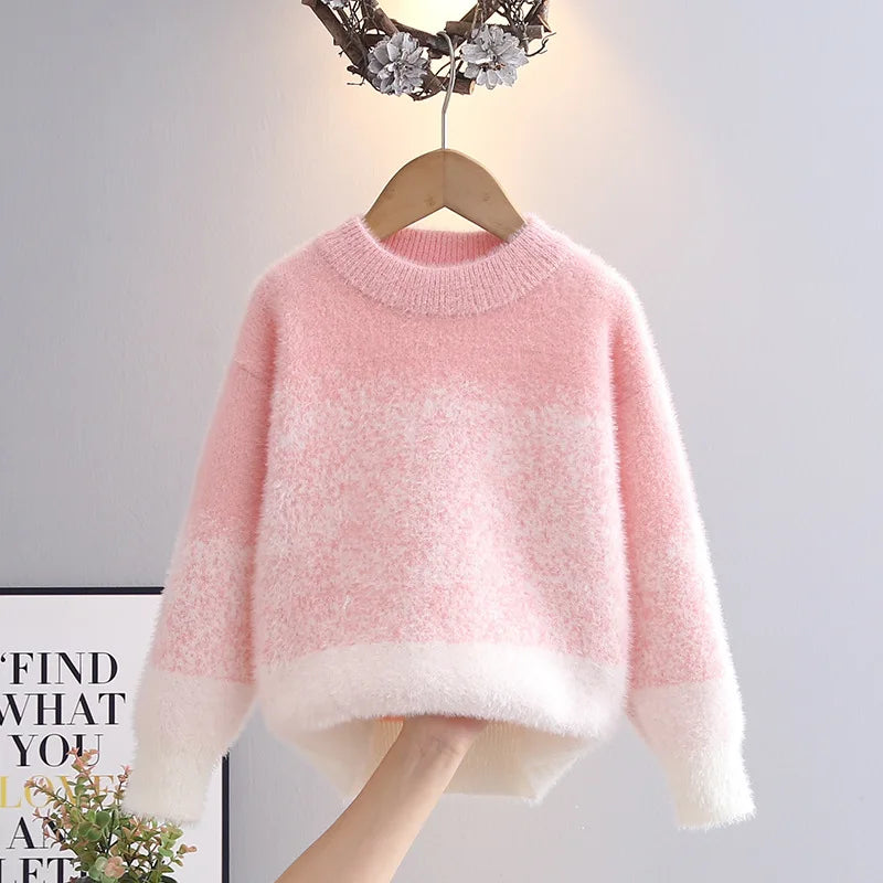 Fall Winter Baby Girls Sweater Bring Heat with Furry Looks Long Sleeve Little Girl Pullovers Jacquared Colorful Knitwear IY07111