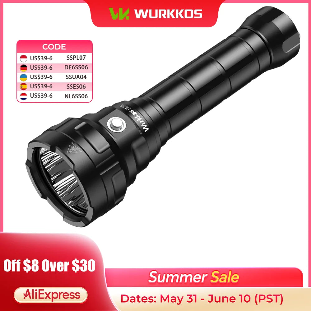 Wurkkos DL70 Scuba Flashlight 13000LM High Power Searchlight IPX8 Waterproof 4*XHP50B LED Lamp 2*26650 Underwater Lantern