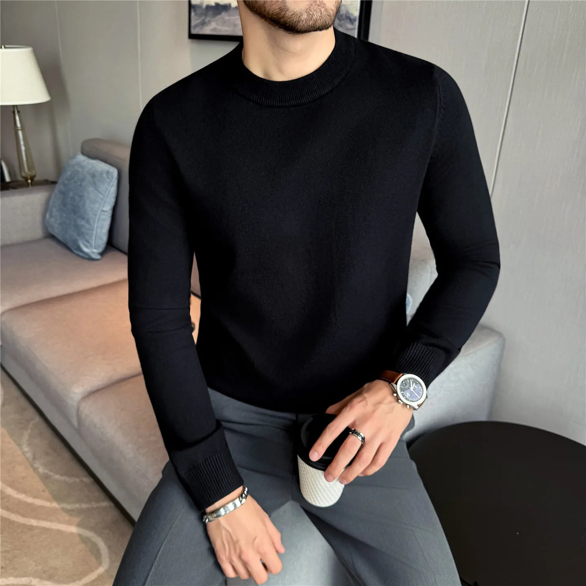 Men Knitted Sweater Winter Keep Warm Round-neck Pullover Solid Casual High Elastic Slim Fit Sweater High Quality Men Clothing