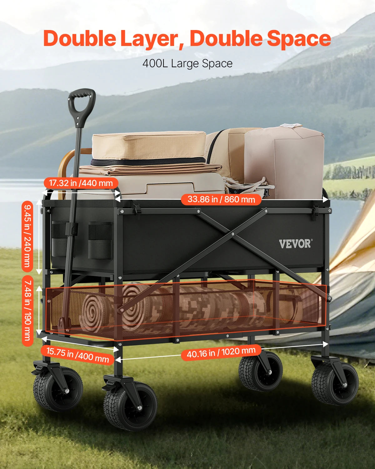 VEVOR Double Decker Wagon Collapsible 300L & 450lbs Heavy Duty Extended Long Garden Cart with All-Terrain Wheels for Camping