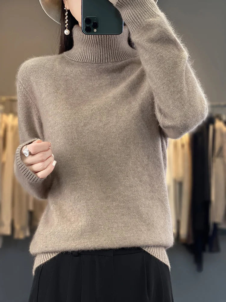 Basic Autumn Winter 100% Mink Cashmere Women Sweater Basic Bottoming Female Pullover Long Sleeve  Turn Down CollarKnitwear Tops