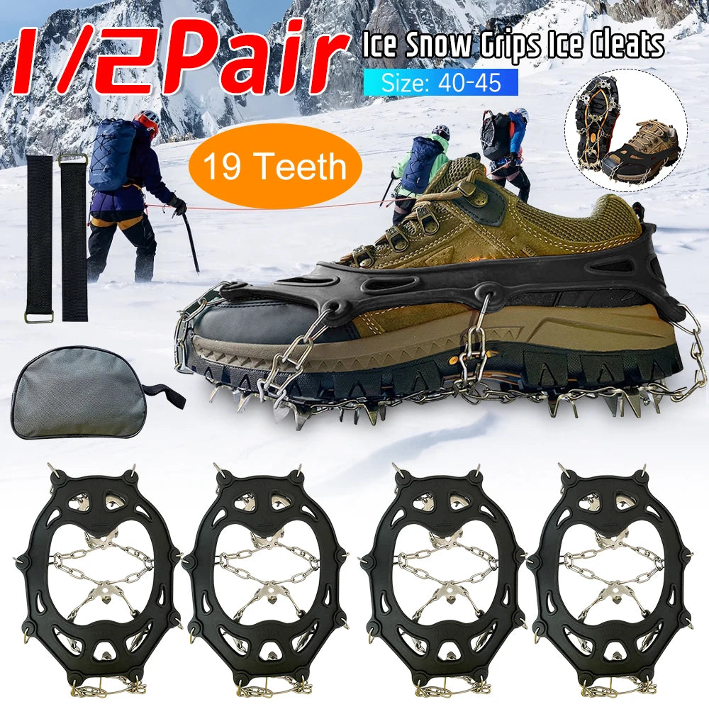 1/2Pair 19 Teeth Spikes Crampons Anti Slip Traction Ice Cleats Chain Claws Grips for Hiking Climbing Fishing Walking Shoes Boots