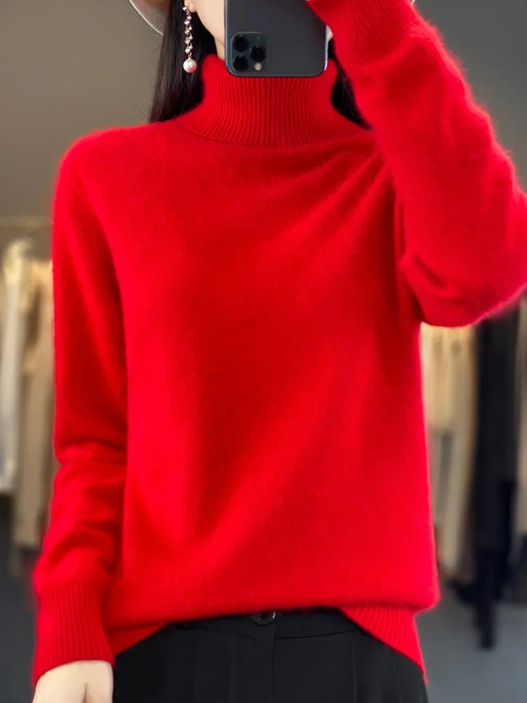 Basic Autumn Winter 100% Mink Cashmere Women Sweater Basic Bottoming Female Pullover Long Sleeve  Turn Down CollarKnitwear Tops
