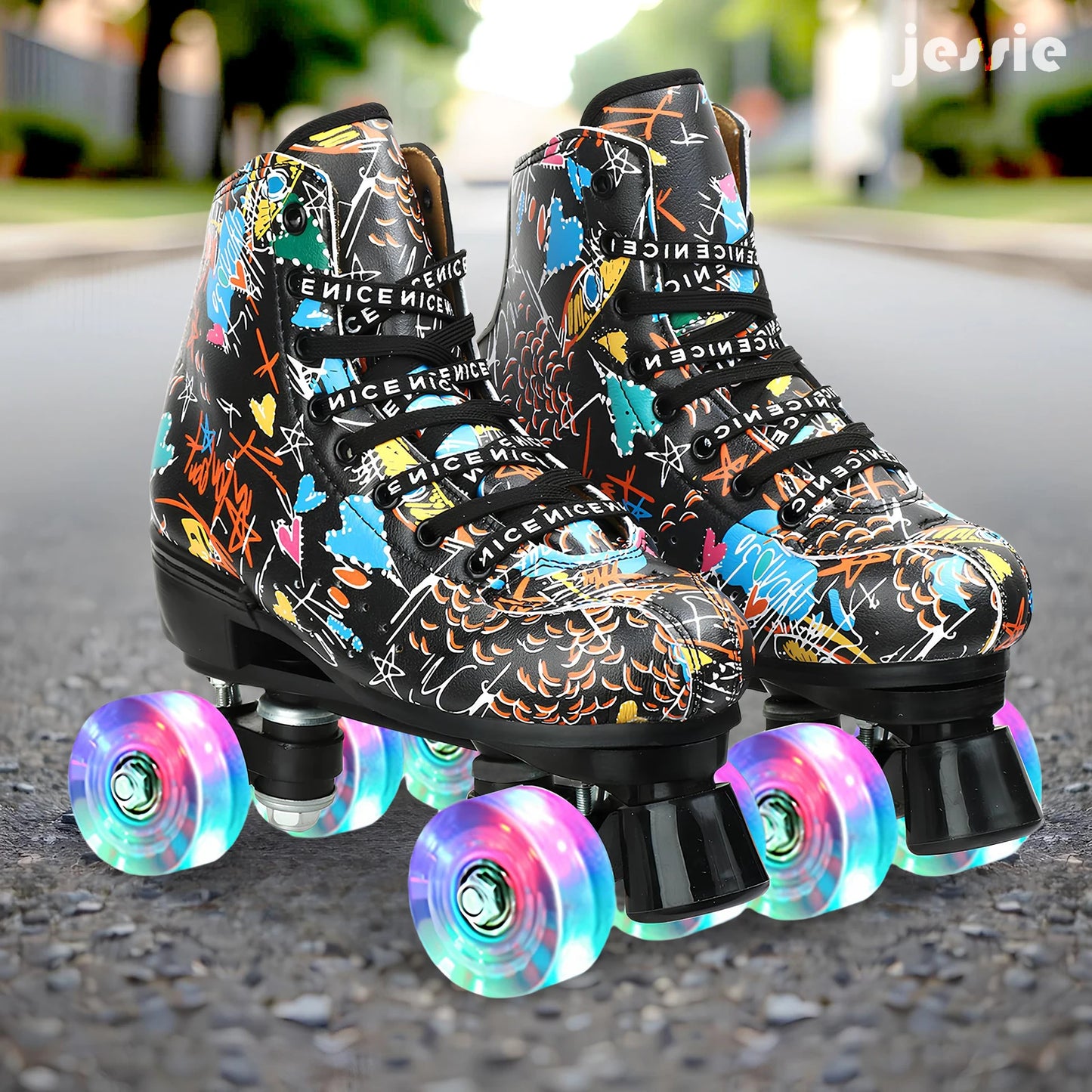 Graffiti Adult Men's Kids Women's Double Row the Skating Shoes Four-Wheel Flash Roller Skates Roller Skates Skating Rink Double