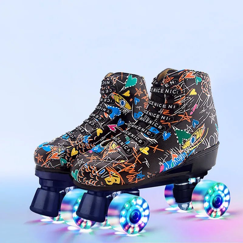 Graffiti Adult Men's Kids Women's Double Row the Skating Shoes Four-Wheel Flash Roller Skates Roller Skates Skating Rink Double