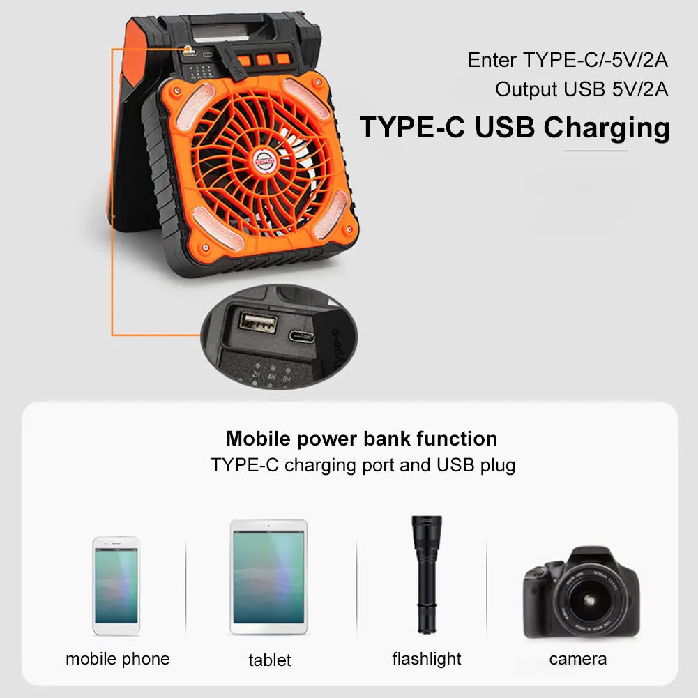Solar-Powered Camping Fan with LED Light USB Rechargeable   Electric Fan 4 Wind Speeds Solar Outdoor Tent Fan for Emergency