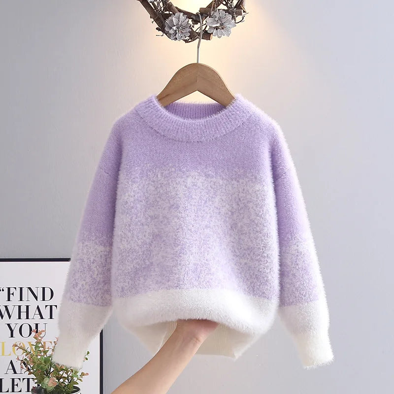 Fall Winter Baby Girls Sweater Bring Heat with Furry Looks Long Sleeve Little Girl Pullovers Jacquared Colorful Knitwear IY07111
