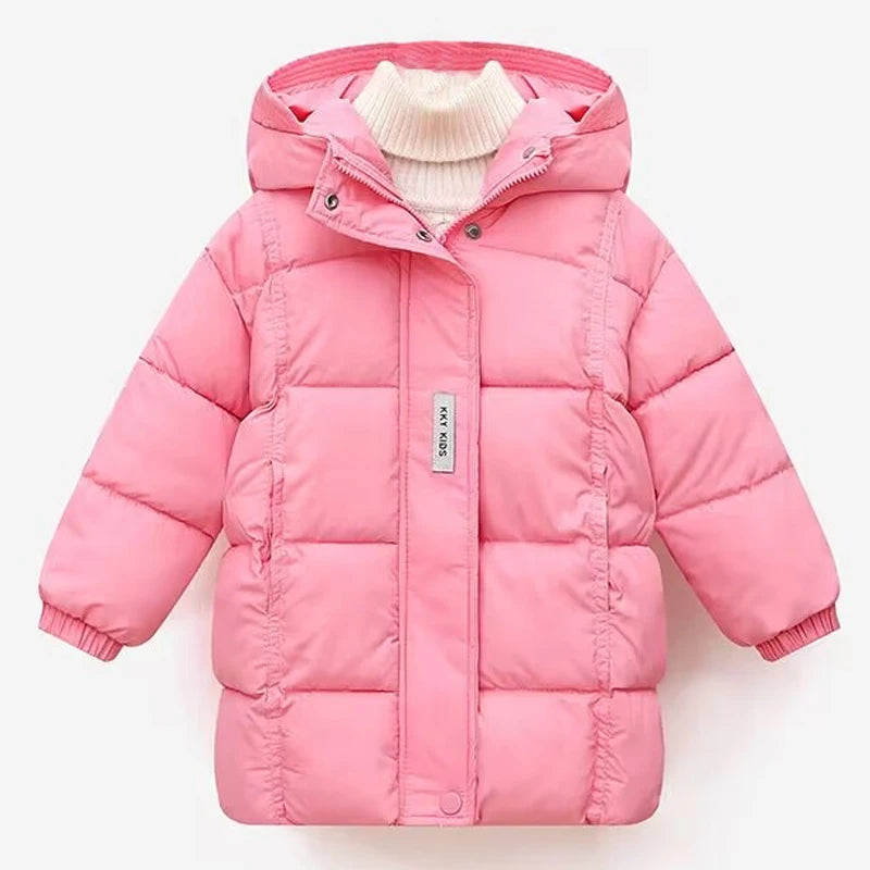 New winter overalls for children, girls' long hooded down jacket, thickened, warm and waterproof for ages 3-10