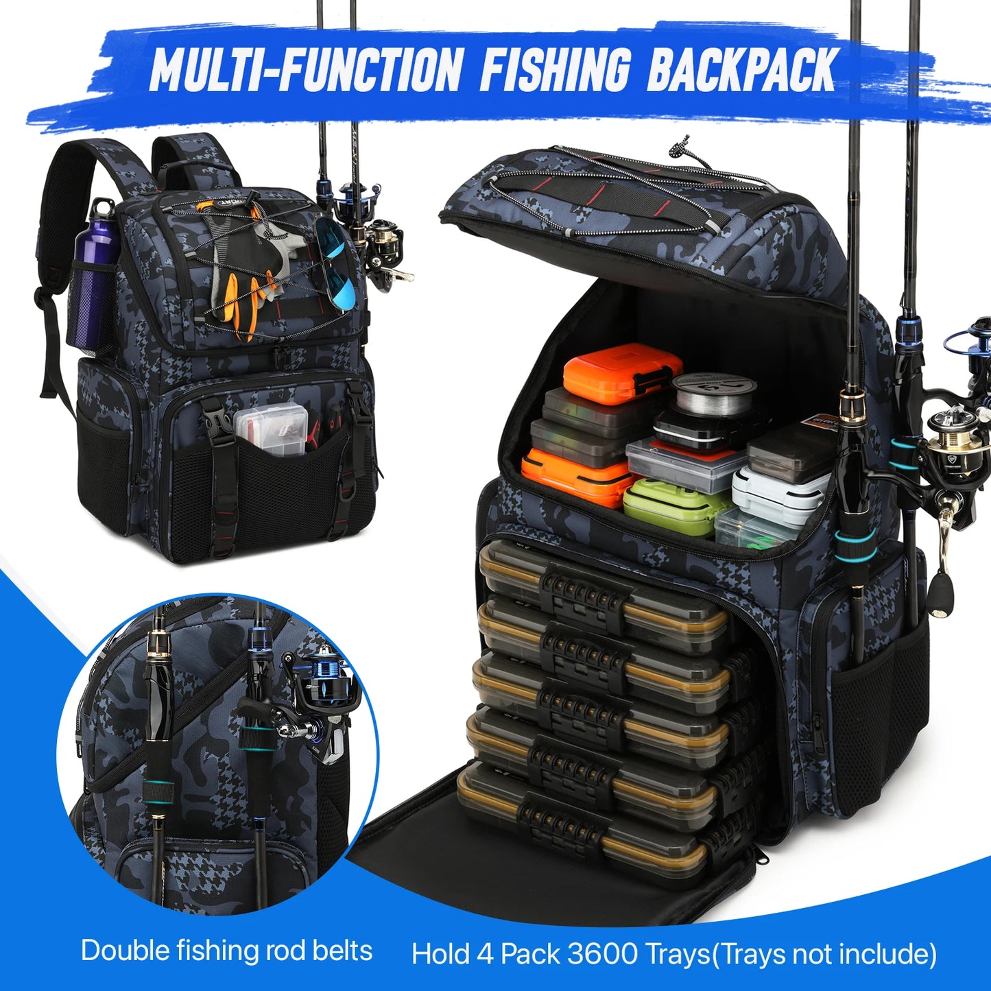 Fishing Backpack 45L Cooler Fishing Tackle Storage Bag with Rod Holders & Rain Cover Camping Hiking Outdoor Multifunctional Bag