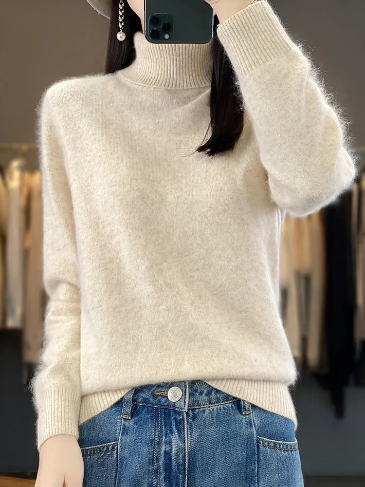 Basic Autumn Winter 100% Mink Cashmere Women Sweater Basic Bottoming Female Pullover Long Sleeve  Turn Down CollarKnitwear Tops