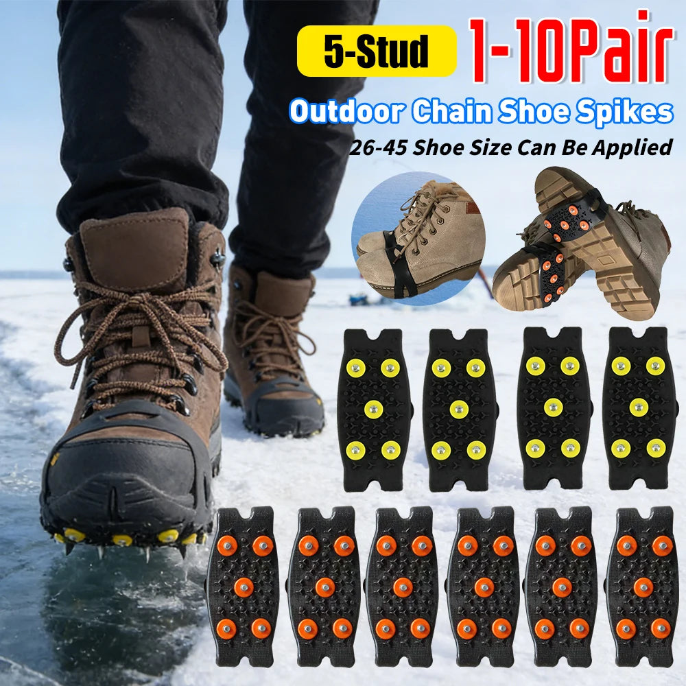 1-10Pair 5-Stud Anti Slip Crampons Snow Claw Shoe Covers Chain Spikes for Winter Walking Hiking Climbing Mountaineering Sports