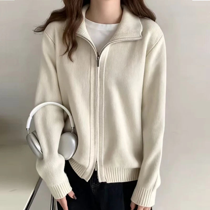 Fashion Double-zip Stand Collar Sweater Coat Women Solid Color Casual Knitted Cardigan Woman Korean Style Autumn Winter Sweater