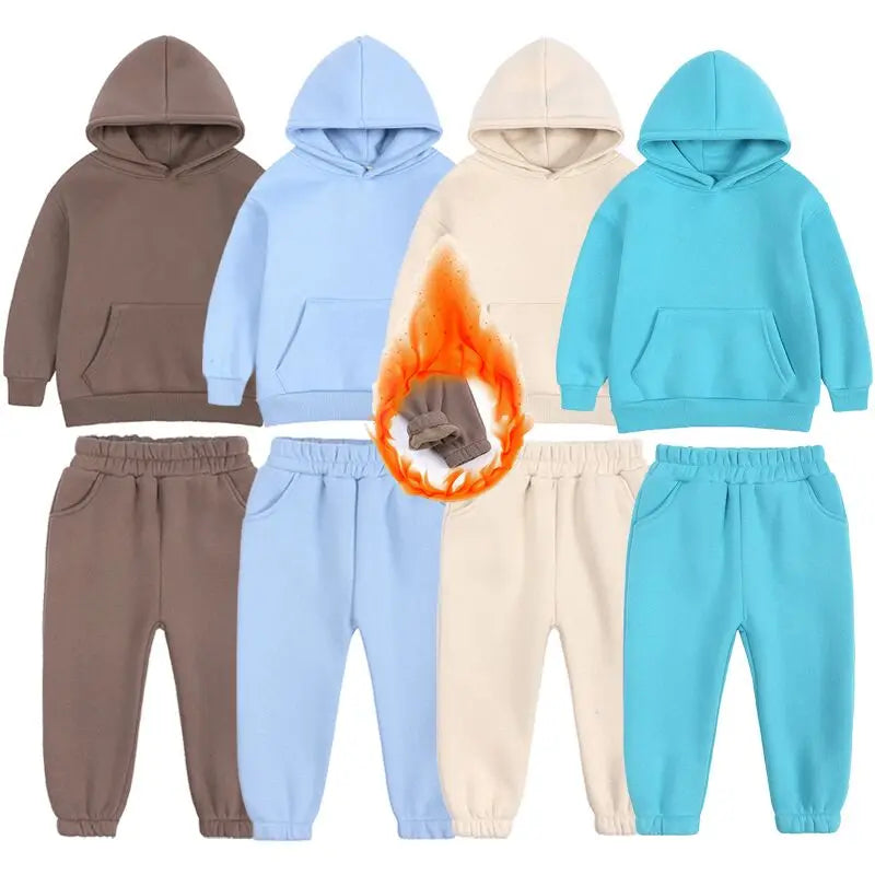 2-12 years old children's clothing winter new boys and girls' fleece sweater suit hooded Plush sportswear children's suit