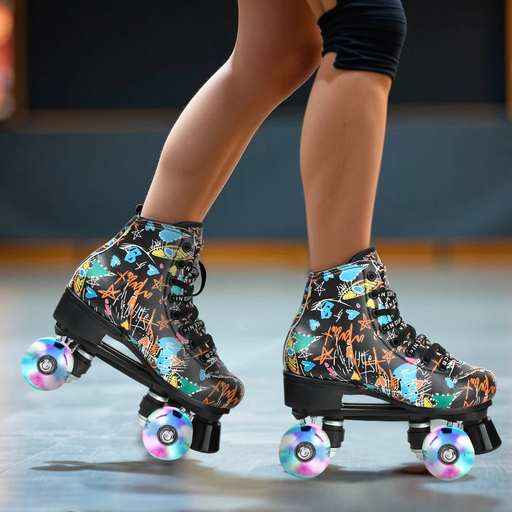 Graffiti Adult Men's Kids Women's Double Row the Skating Shoes Four-Wheel Flash Roller Skates Roller Skates Skating Rink Double