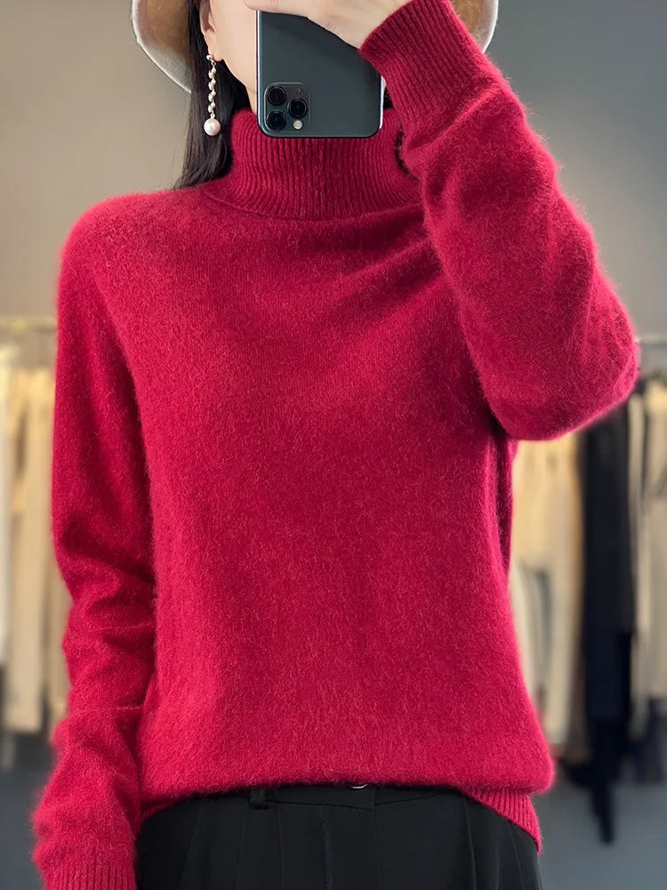Basic Autumn Winter 100% Mink Cashmere Women Sweater Basic Bottoming Female Pullover Long Sleeve  Turn Down CollarKnitwear Tops