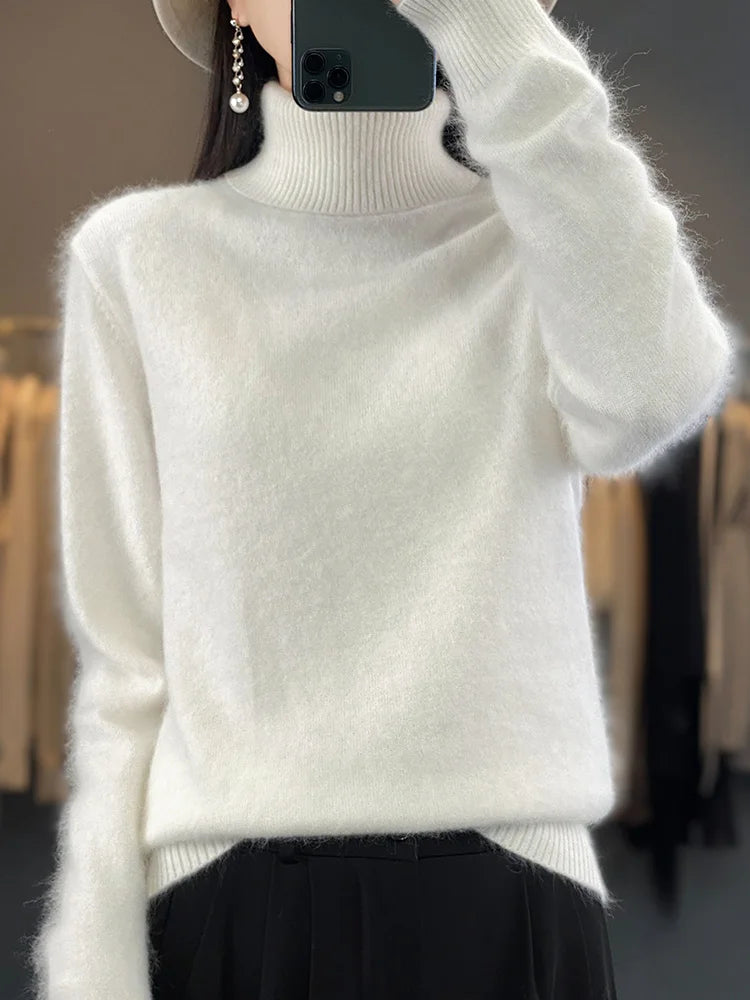Basic Autumn Winter 100% Mink Cashmere Women Sweater Basic Bottoming Female Pullover Long Sleeve  Turn Down CollarKnitwear Tops