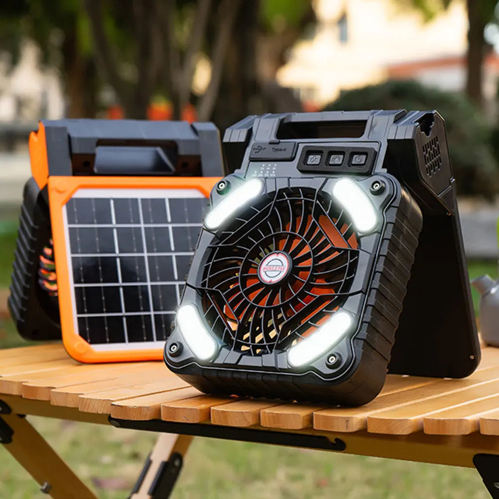 Solar-Powered Camping Fan with LED Light USB Rechargeable   Electric Fan 4 Wind Speeds Solar Outdoor Tent Fan for Emergency