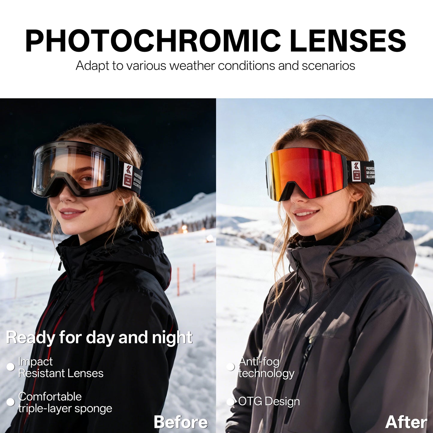 KAPVOE New Outdoor Photochromic Ski Goggles Winter Snow Sports for Unisex Snow Glasses UV400 Anti-fog Magnetic Snowboard Glasses