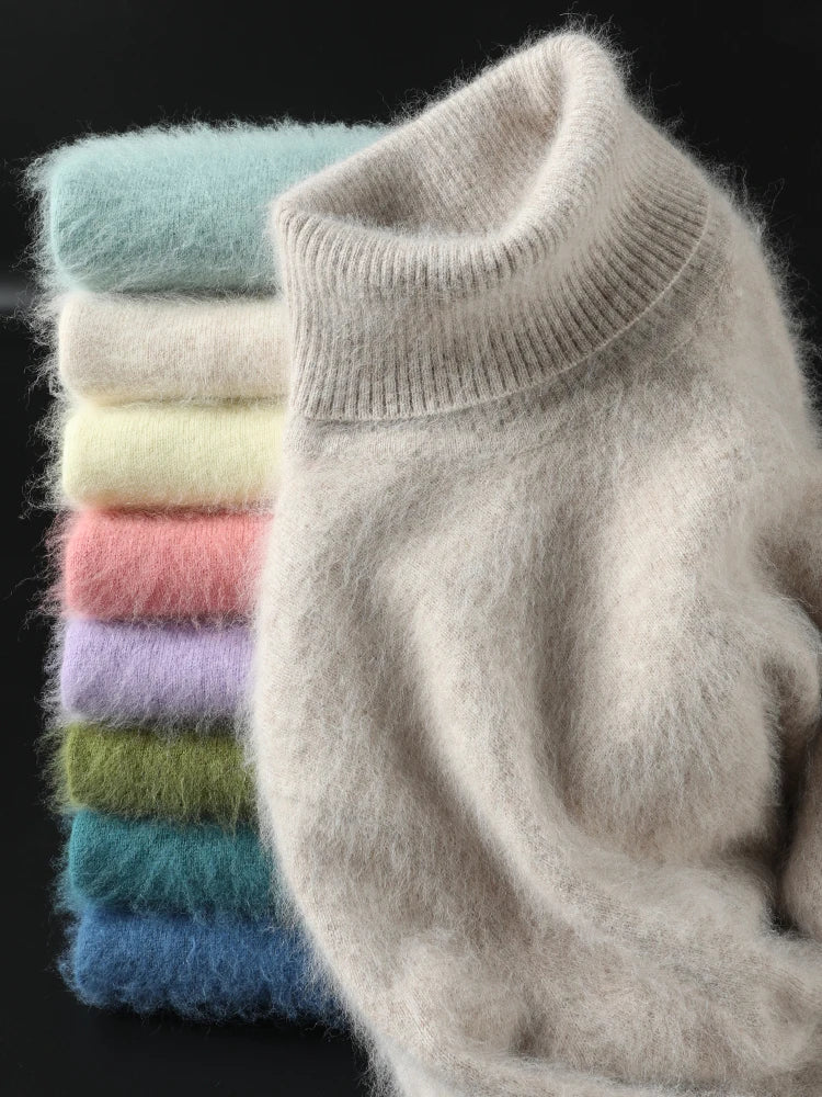 Basic Autumn Winter 100% Mink Cashmere Women Sweater Basic Bottoming Female Pullover Long Sleeve  Turn Down CollarKnitwear Tops