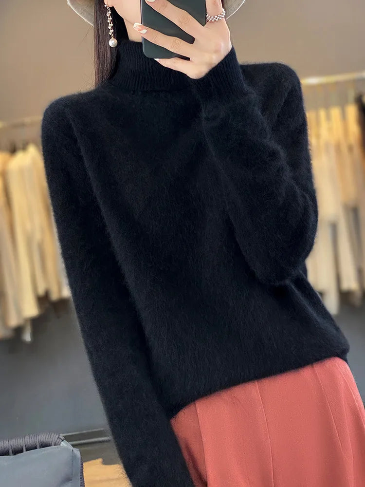Basic Autumn Winter 100% Mink Cashmere Women Sweater Basic Bottoming Female Pullover Long Sleeve  Turn Down CollarKnitwear Tops