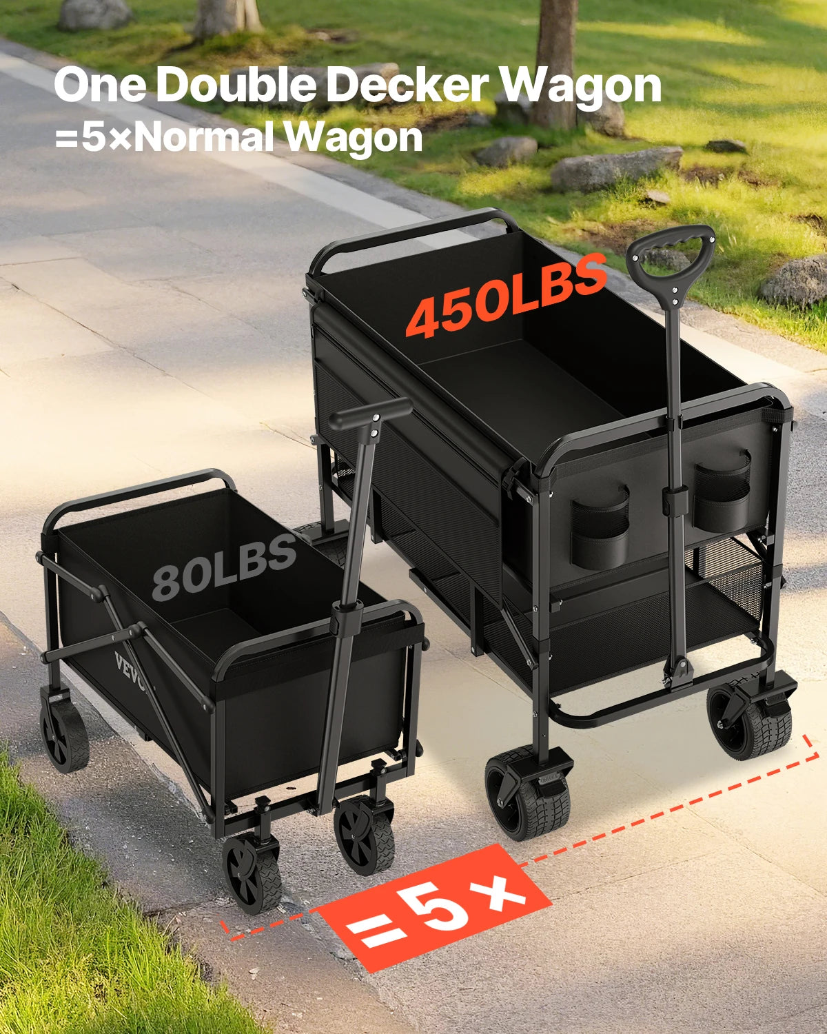 VEVOR Double Decker Wagon Collapsible 300L & 450lbs Heavy Duty Extended Long Garden Cart with All-Terrain Wheels for Camping