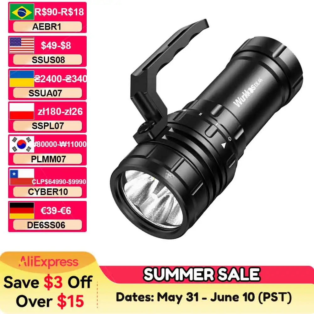 Wurkkos DL46 Professional Scuba Diving Flashlight IPX8 46950 Battery Super Bright 20000LM USB Reverse Charge 6 * XHP50.2