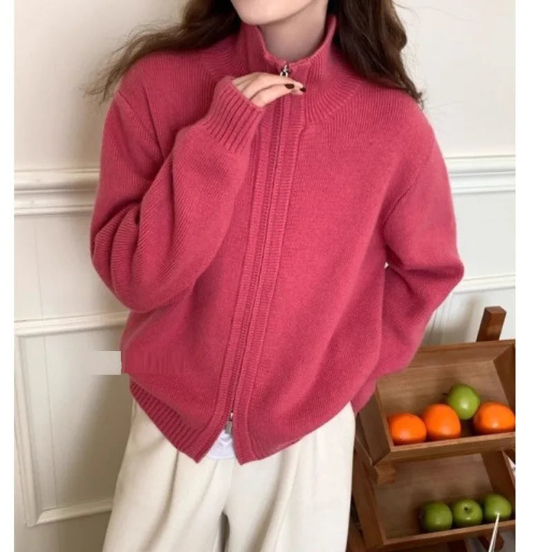 Fashion Double-zip Stand Collar Sweater Coat Women Solid Color Casual Knitted Cardigan Woman Korean Style Autumn Winter Sweater
