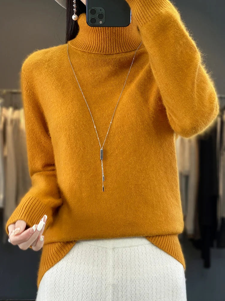 Basic Autumn Winter 100% Mink Cashmere Women Sweater Basic Bottoming Female Pullover Long Sleeve  Turn Down CollarKnitwear Tops