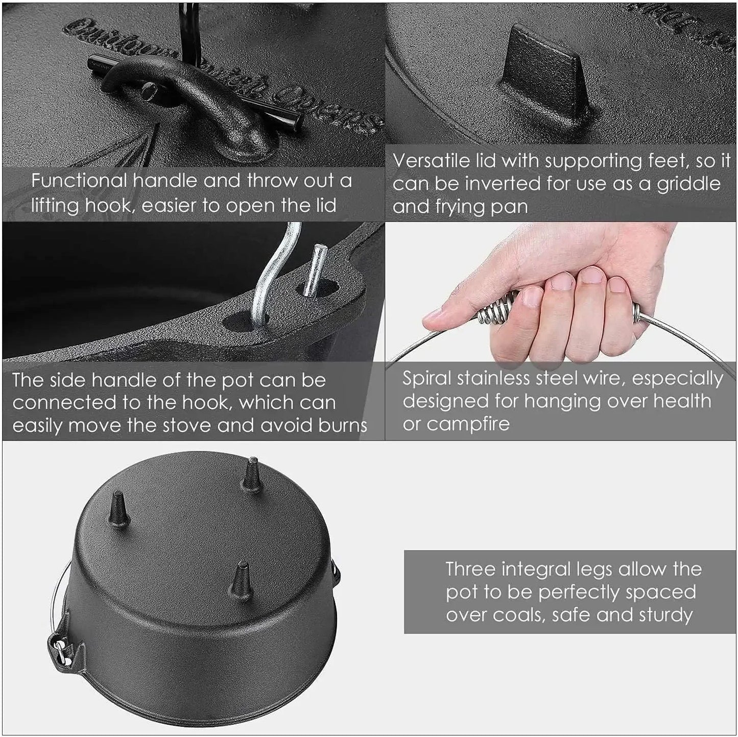 6 Quart Cast Iron Dutch Oven Camping Pot Outdoor Portable Multi-function Cookware Stew Barbecue Soup Picnic Pot