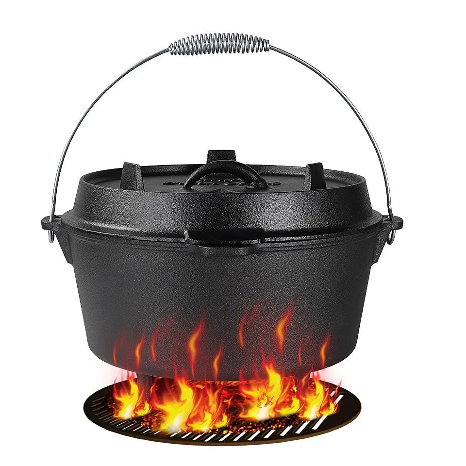 6 Quart Cast Iron Dutch Oven Camping Pot Outdoor Portable Multi-function Cookware Stew Barbecue Soup Picnic Pot